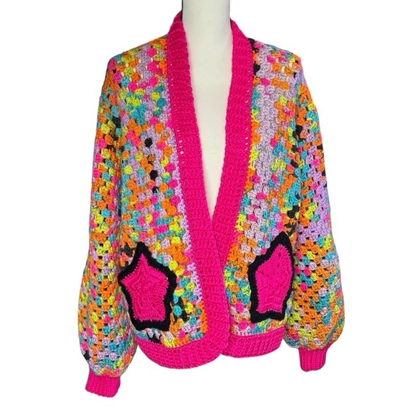 Handcrafted Crochet Hexagon Cardigan Sweater Open Front Wide Sleeve 2 Pockets - Picture 4 of 16